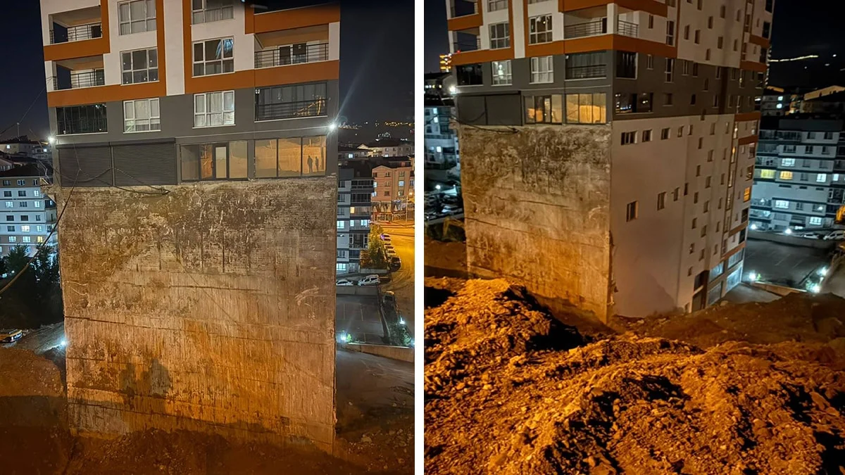 Toprak kayması sonrası yamaçta inşa edilen 17 katlı binanın temeli ortaya çıktı